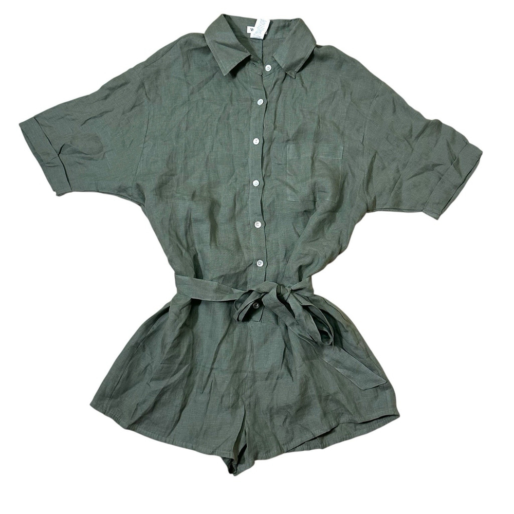 VITAMIN A Green Linen Playa Romper Size Medium Beach Coverup Belted NWOT Coastal - Picture 4 of 7